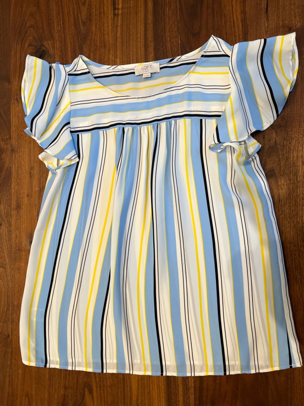 LOFT Blue, Yellow & White Striped Flutter Sleeve top